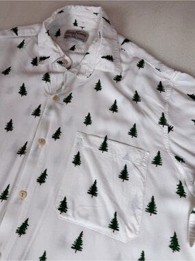 Kenny Flowers Island Classics Men's 2XL Pine Tree White Green Print Shirt Office